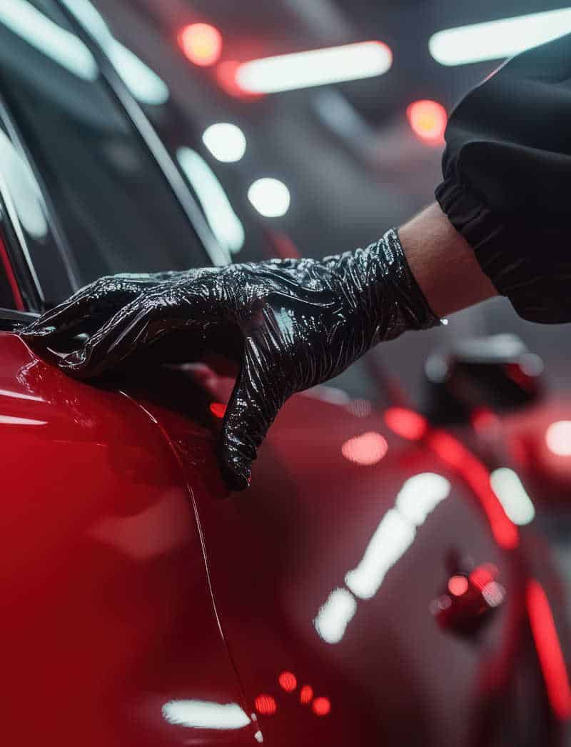 Car tinting – Worker applying tinting foil on car window. A gloved hand attempting to open the door of a red luxury vehicle under bright lights, symbolizing the risk of car theft and the need for dealership security.