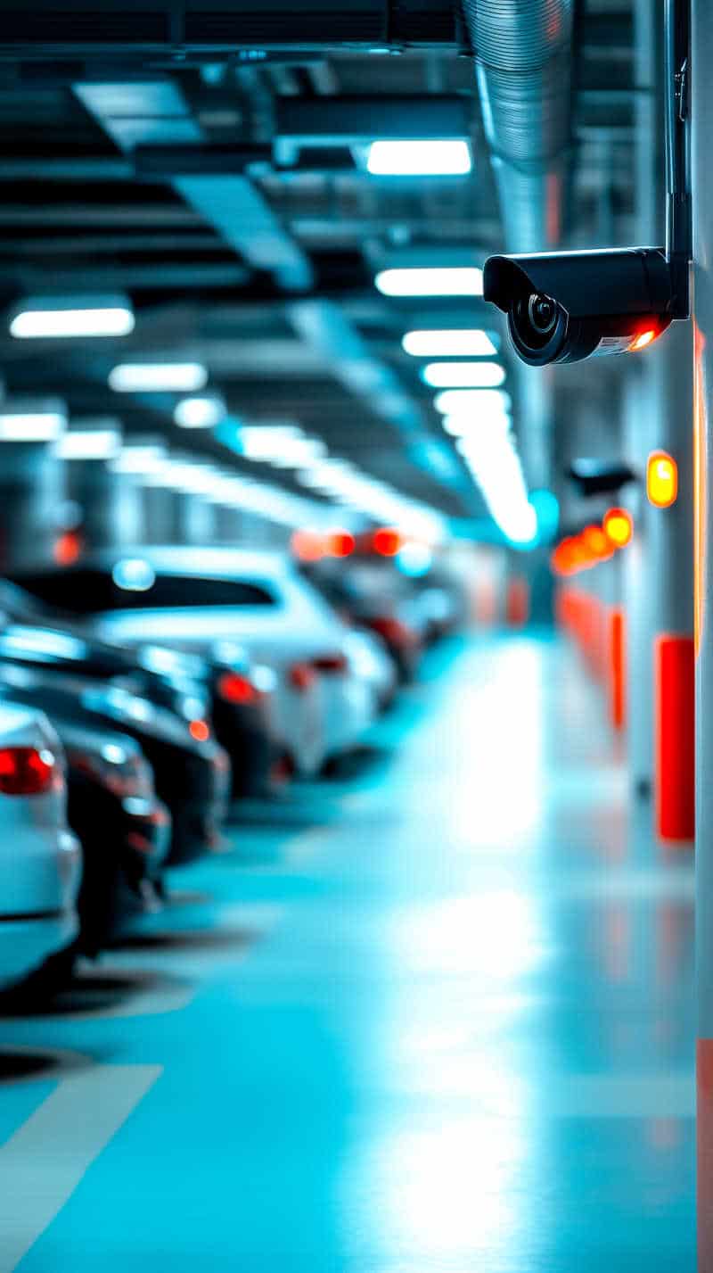 A blurred view of a modern parking garage featuring parked cars and a security camera monitoring the area. A security camera monitoring a well-lit parking garage filled with parked cars, highlighting the importance of surveillance in preventing theft and ensuring public safety.